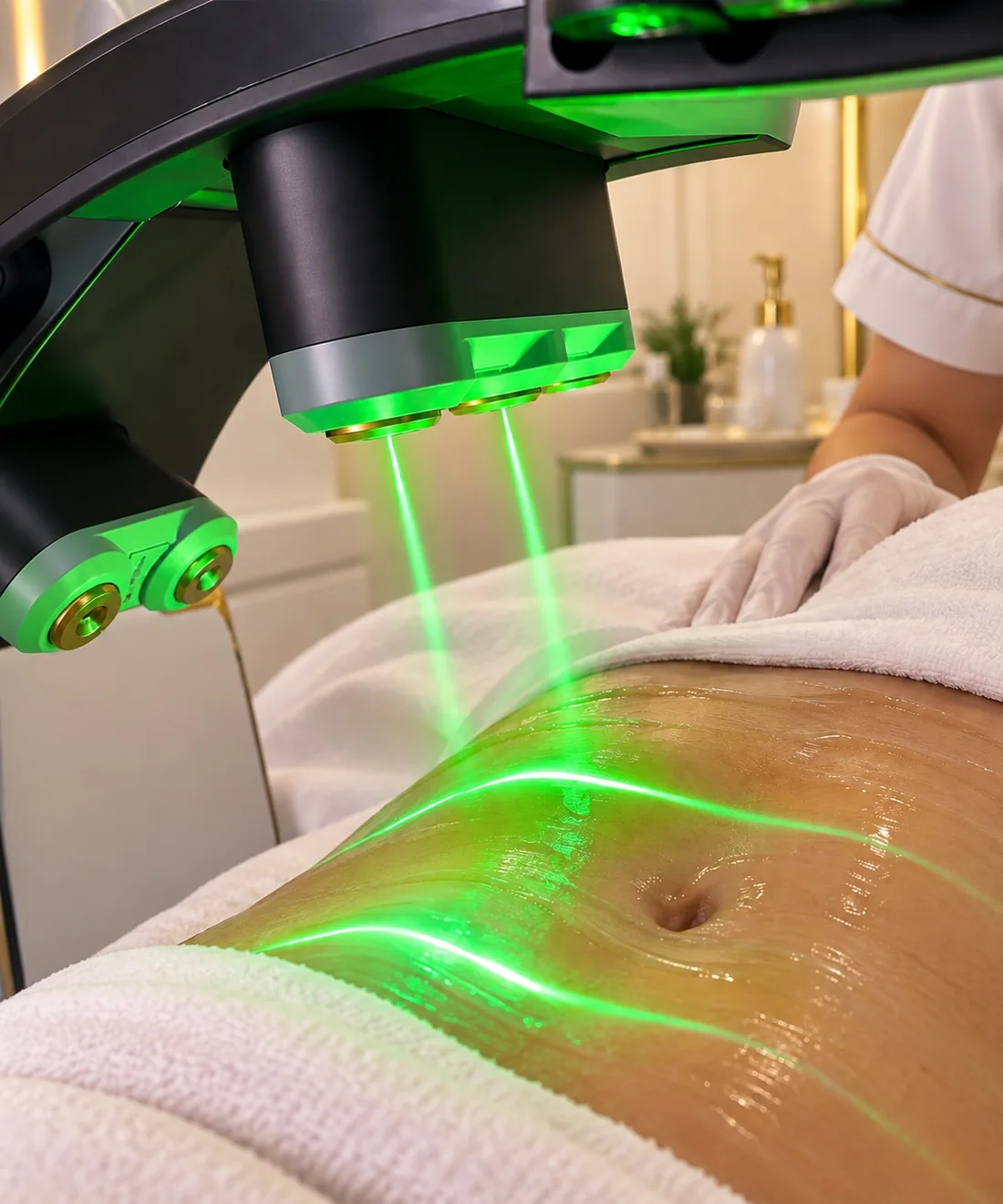 Зелените лъчи на 13D MaxLipo Laser върху корема отблизо